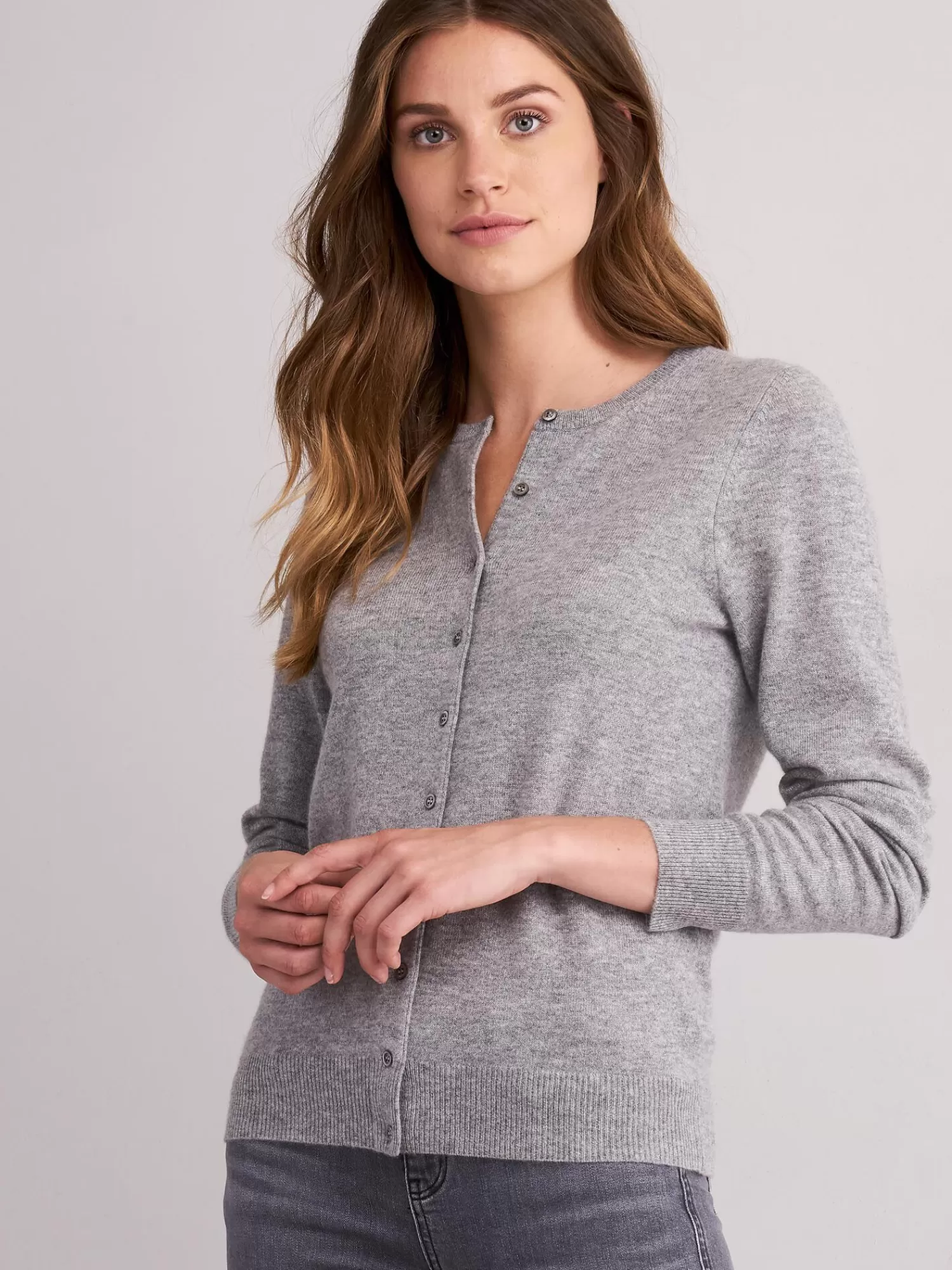 REPEAT cashmere Vesten*Basic cashmere cardigan met ronde hals LightGrey