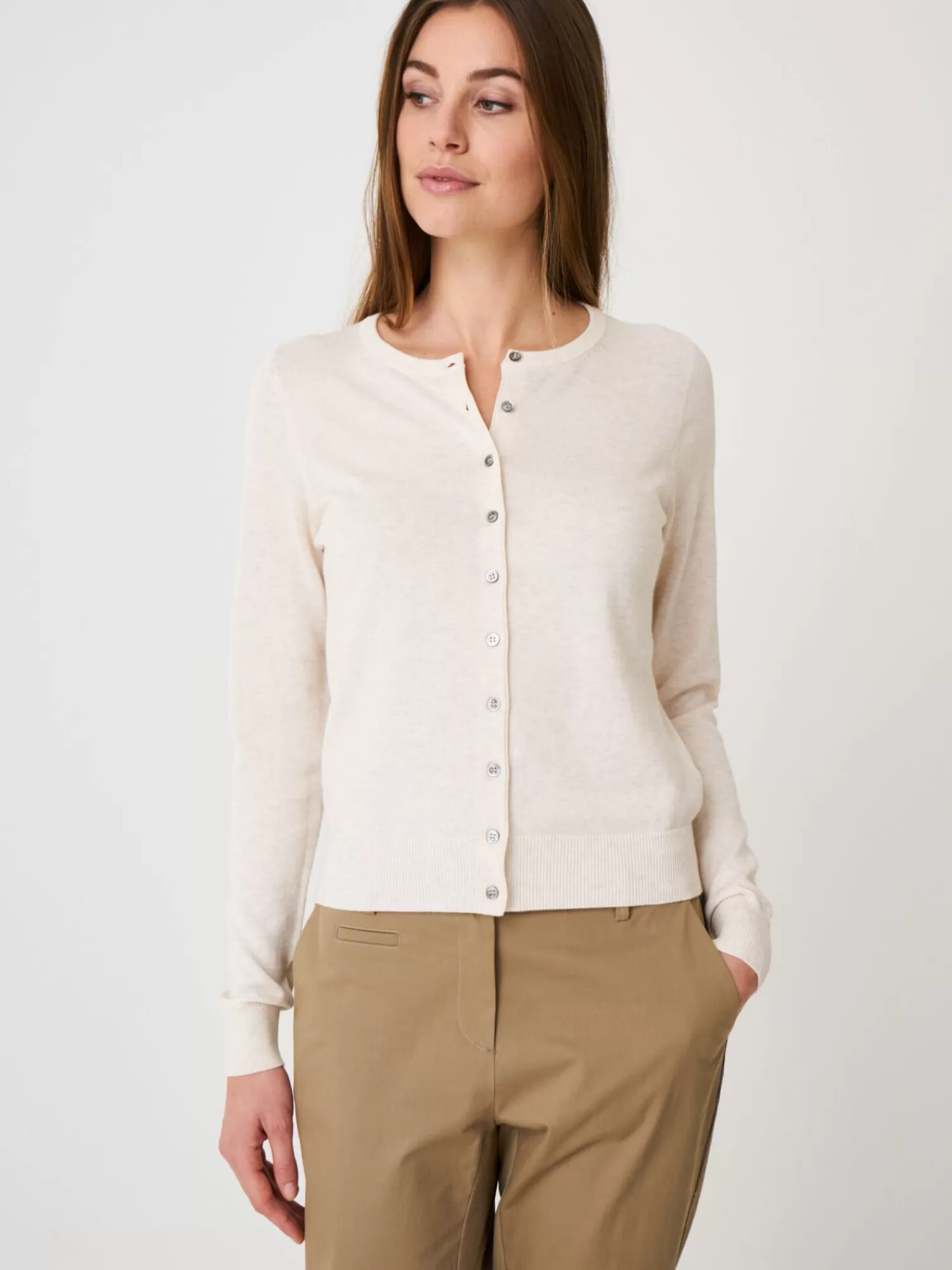 REPEAT cashmere Vesten*Basic fijn gebreid cardigan in katoenmix Ivory