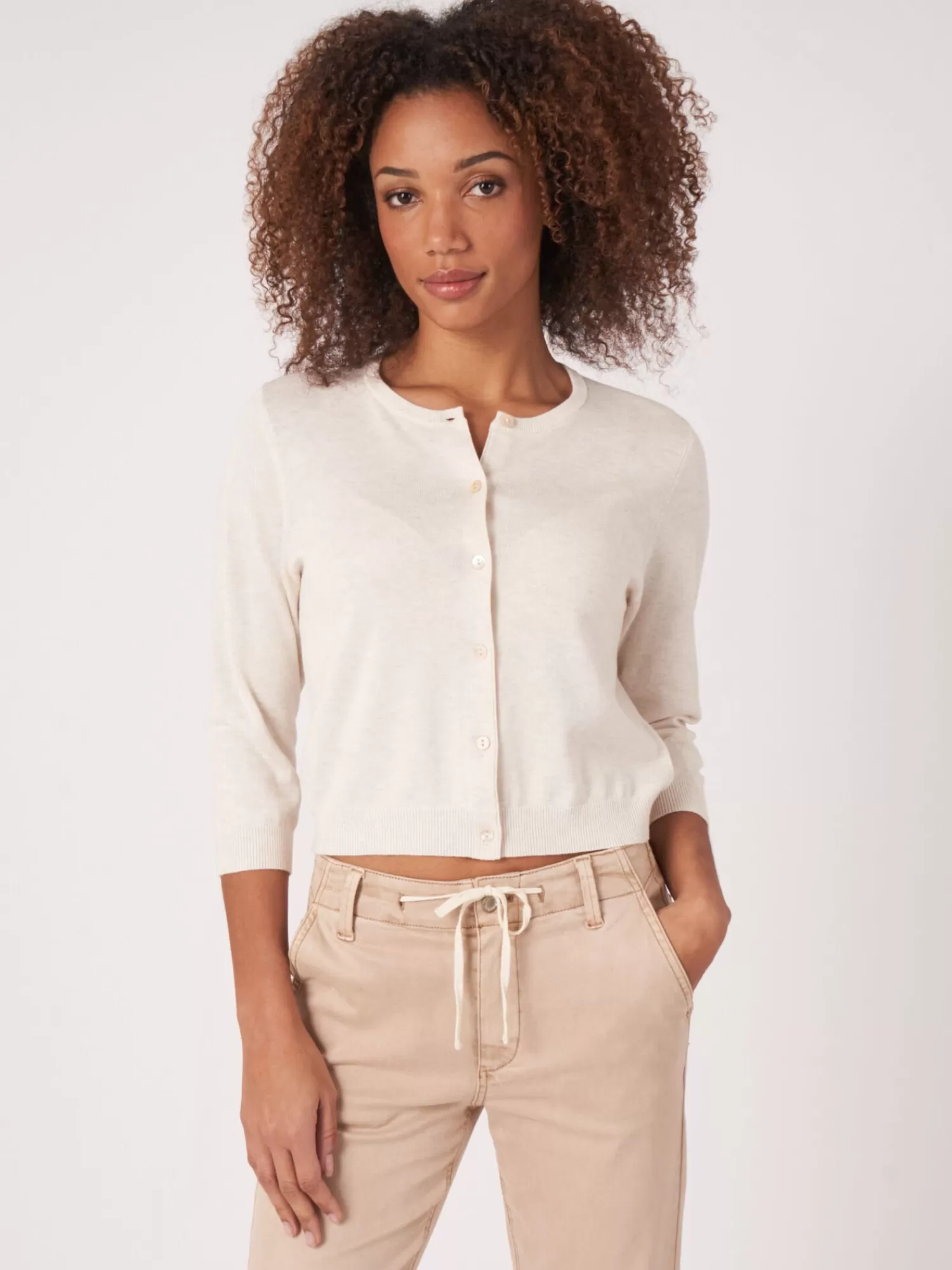 REPEAT cashmere Vesten*Kort vest met ronde hals van biologisch katoen Ivory