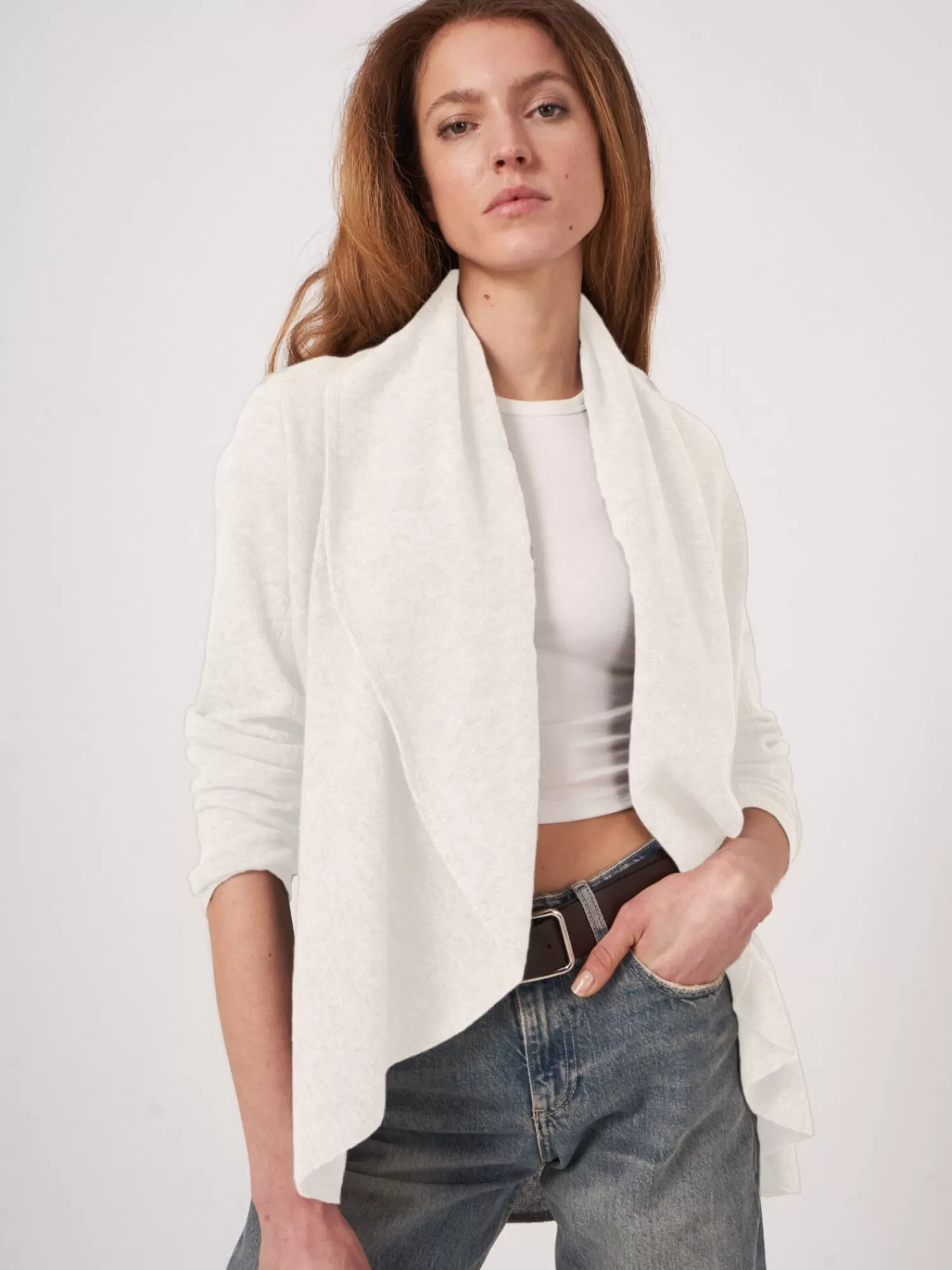 REPEAT cashmere Vesten | Vesten*Open organisch cashmere vest met sjaalkraag Cream