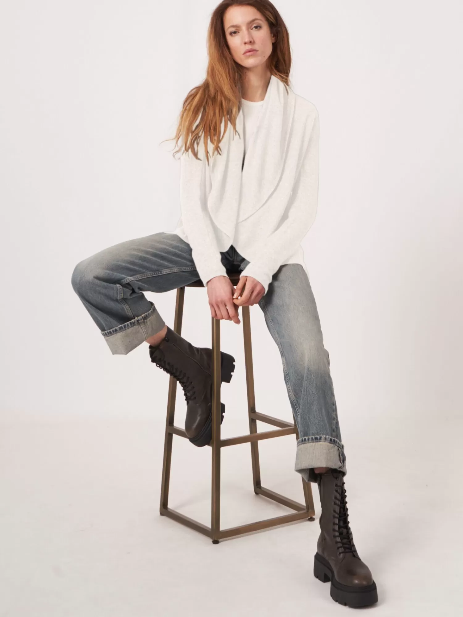 REPEAT cashmere Vesten | Vesten*Open organisch cashmere vest met sjaalkraag Cream